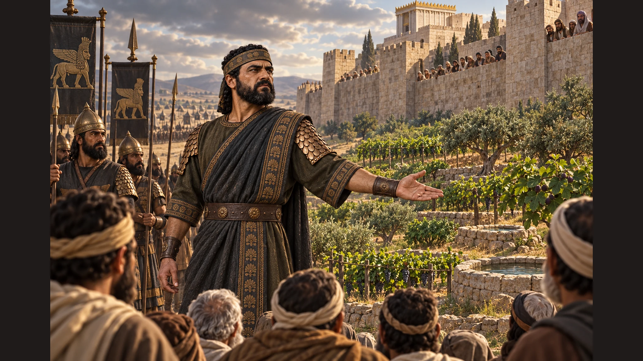 The spokesman gestures toward vineyards and cisterns outside the wall as his conditional offer is heard by residents.