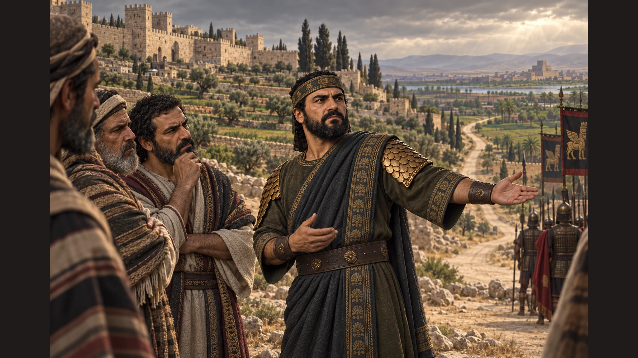A split visual contrast of Jerusalem's familiar fields and an uncertain distant road, anchored by the Rabshakeh's speech.
