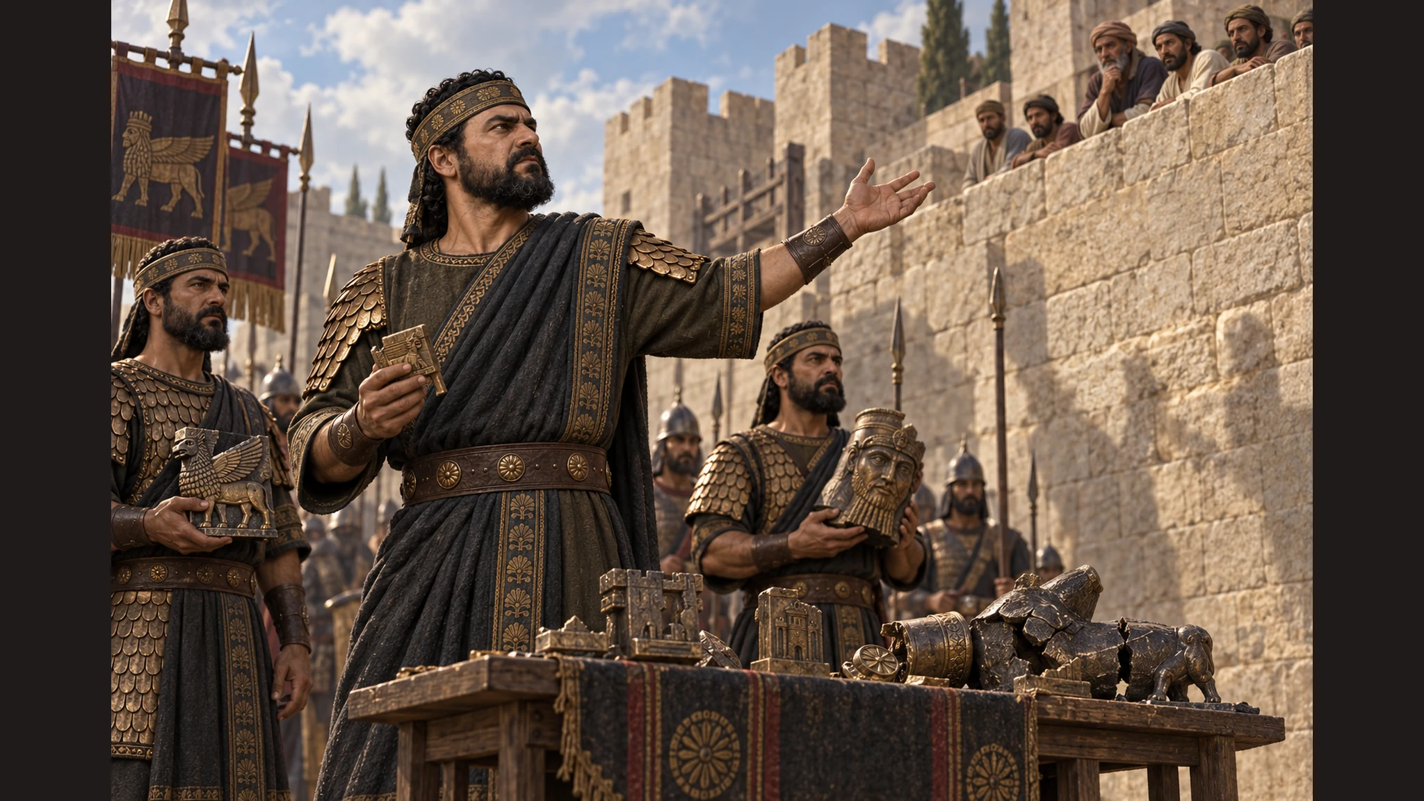 Assyrian officers display small conquered city emblems without readable labels as the Rabshakeh argues before Jerusalem.
