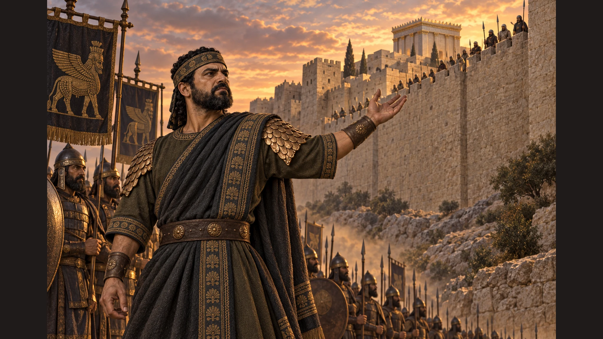 The spokesman stands before the wall in a final boast, Jerusalem visible beyond; no divine figure or confirmation.