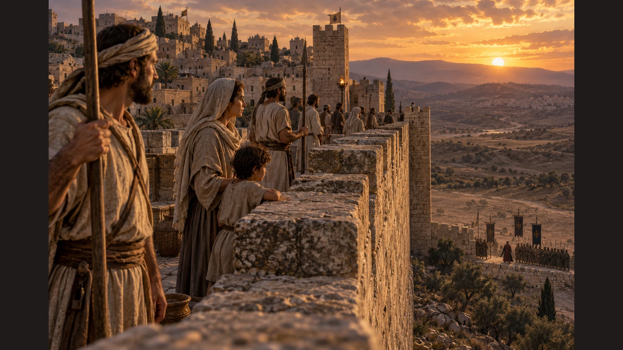 Jerusalem's wall remains full of silent faces while the Rabshakeh waits below; no one responds.
