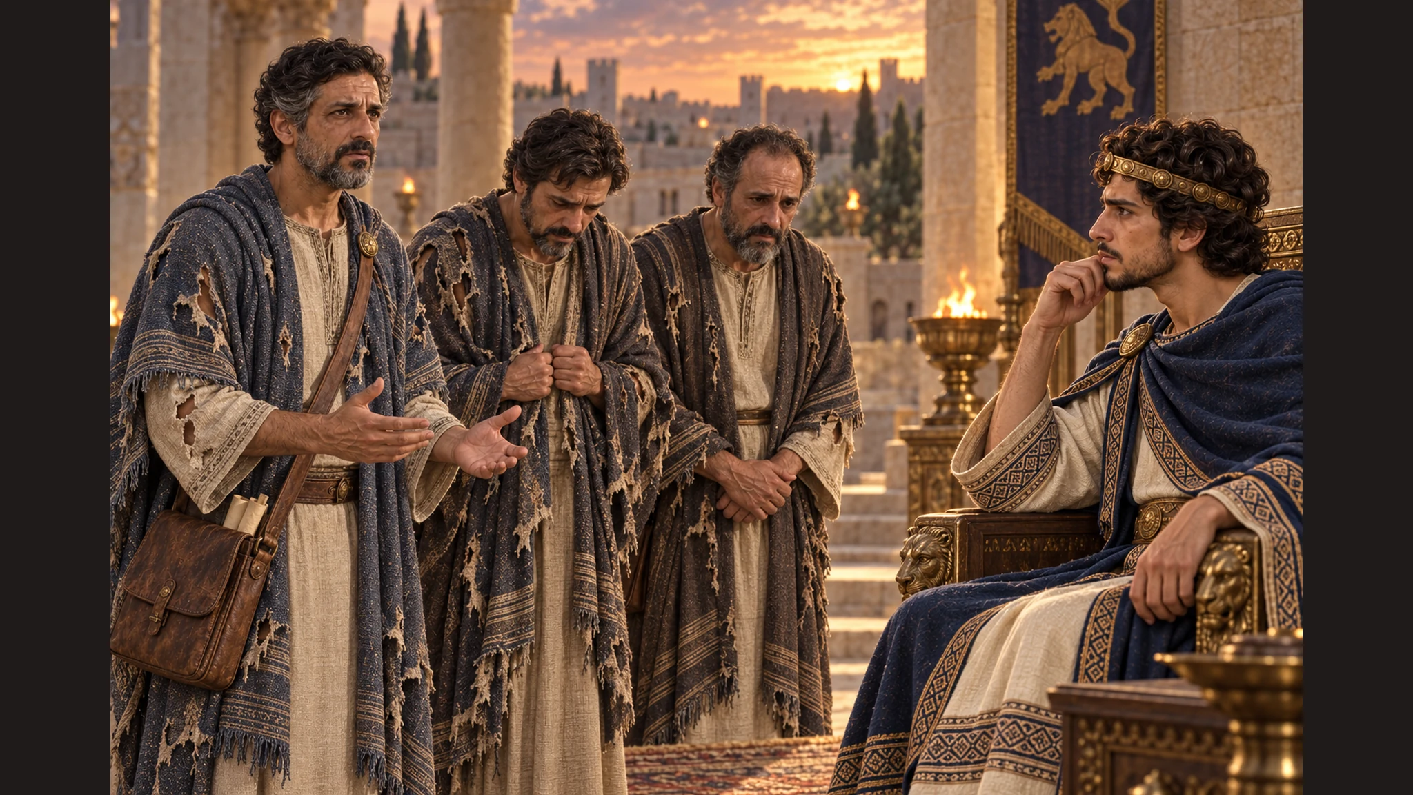 The three officials return to Hezekiah with torn outer garments, Eliakim's established face clear, as they report the words.