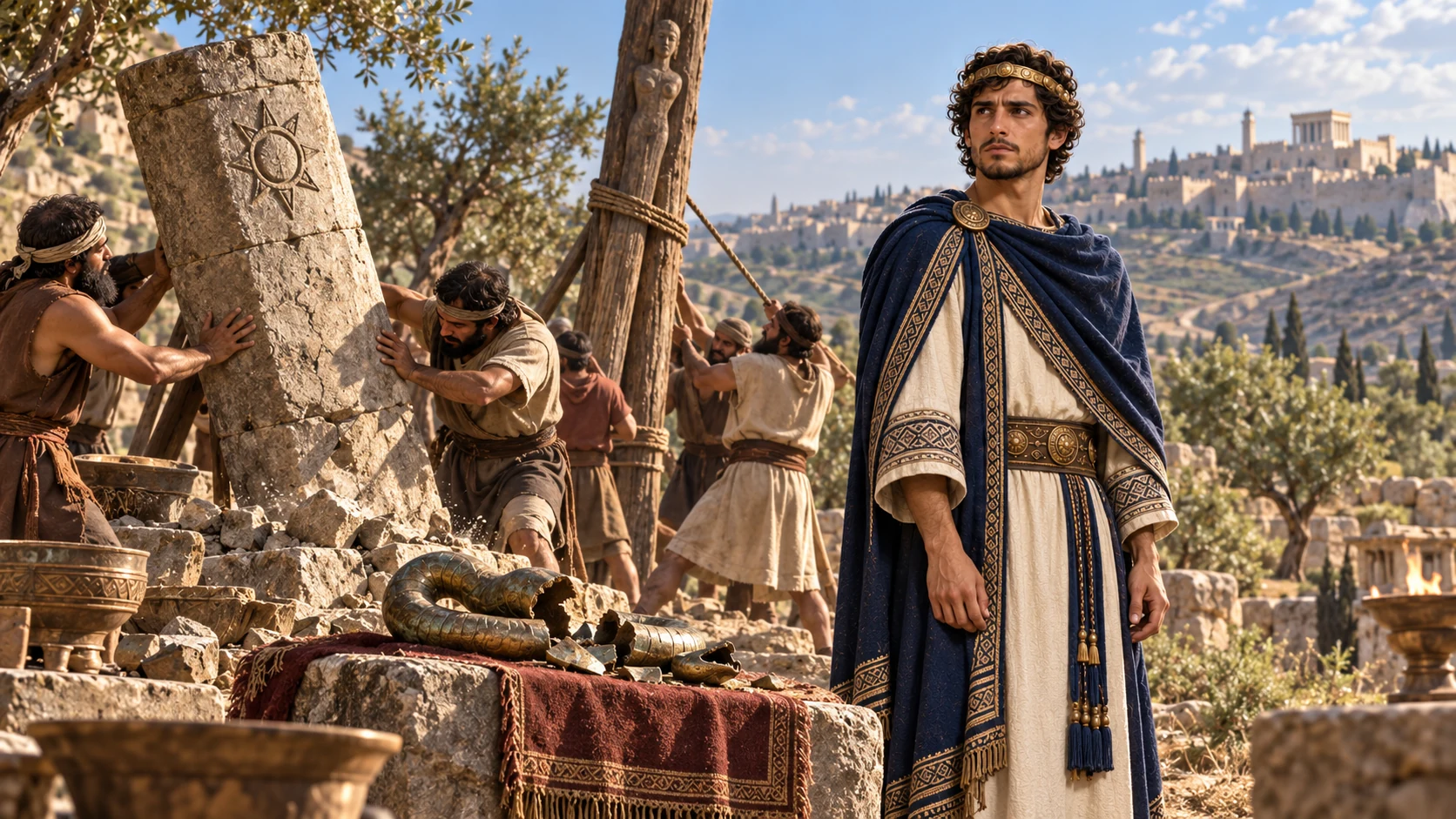 Workers dismantle a local shrine and break the bronze serpent before Hezekiah; preserve the Jerusalem temple altar as a distinct place.