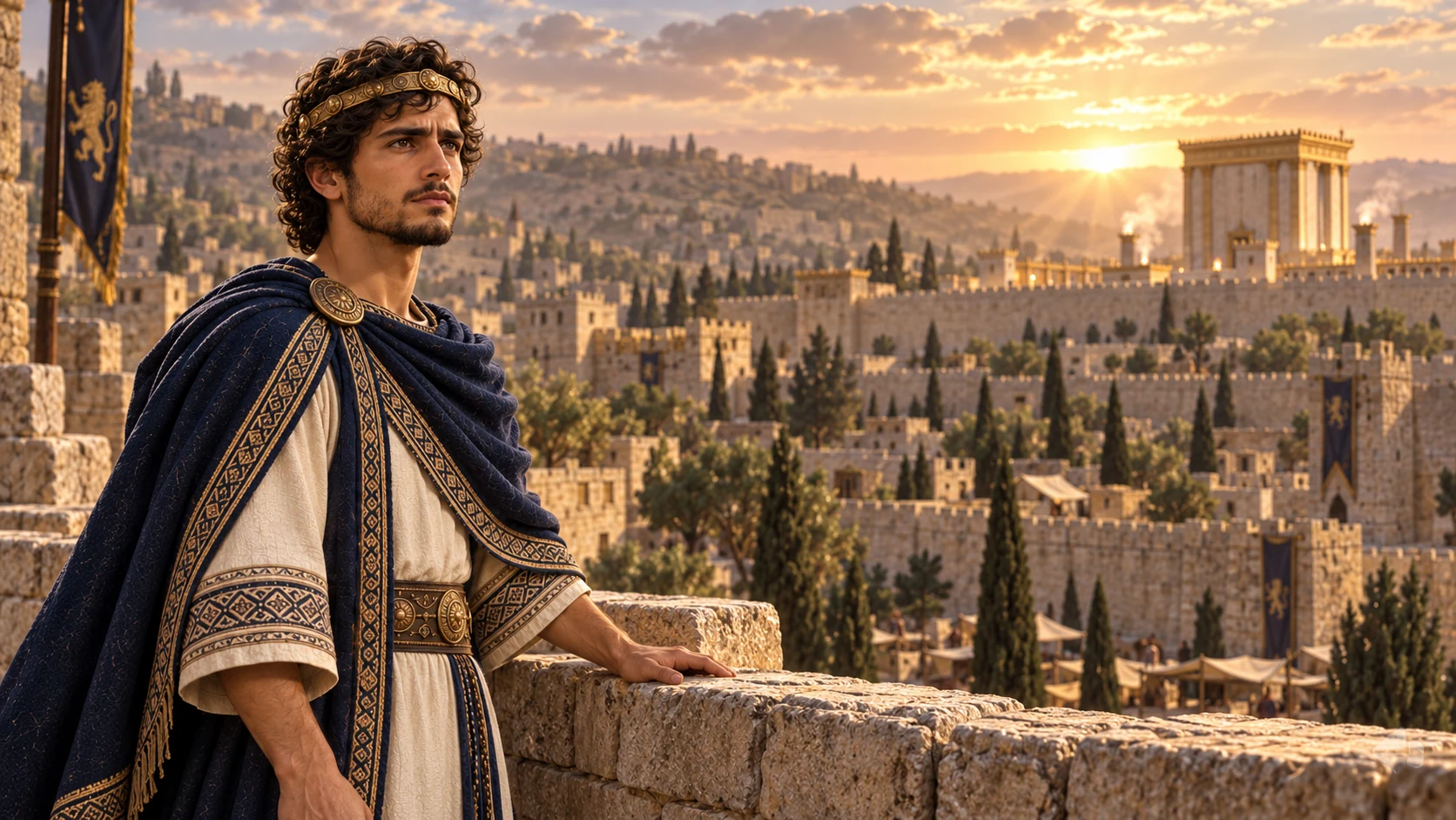 Hezekiah stands at dawn on Jerusalem's wall after the reform, looking toward the temple without any divine figure.