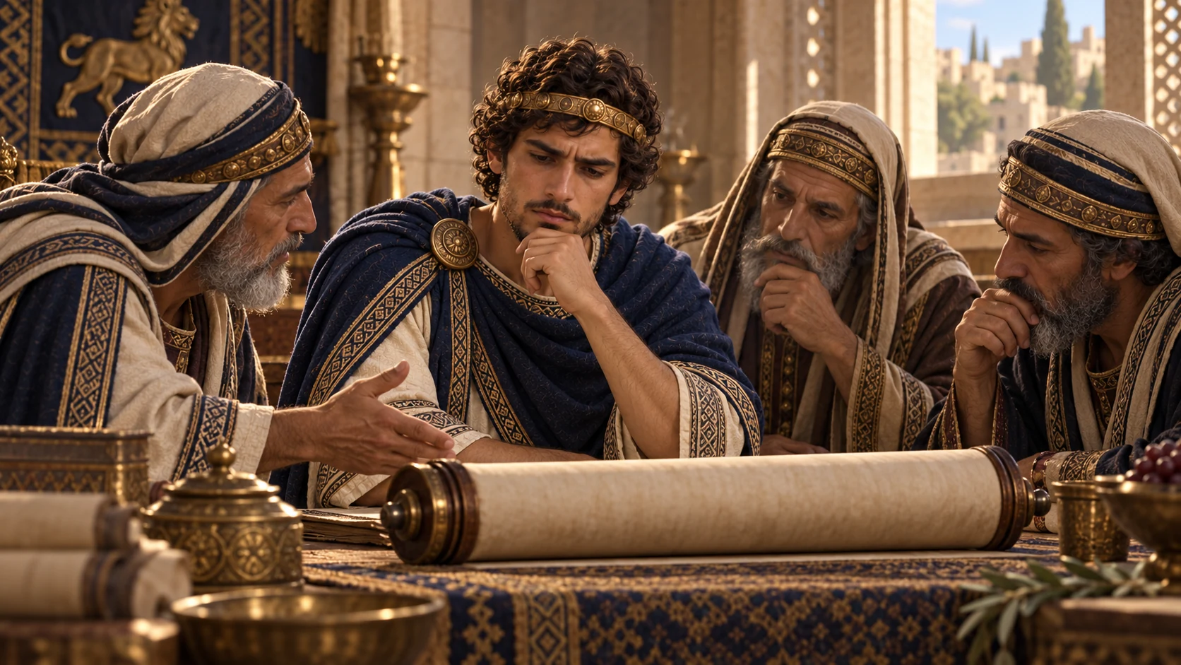 Hezekiah studies an unreadable covenant scroll with elders in a quiet court scene.