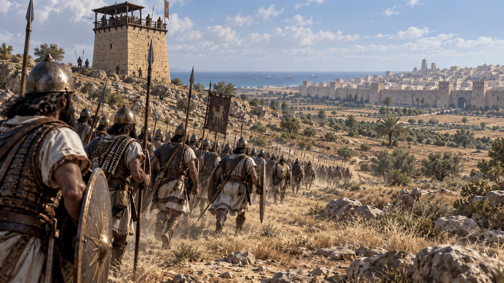Judahite forces approach a distant Philistine watchtower and fortified town; no invented capture of Gaza's central city.
