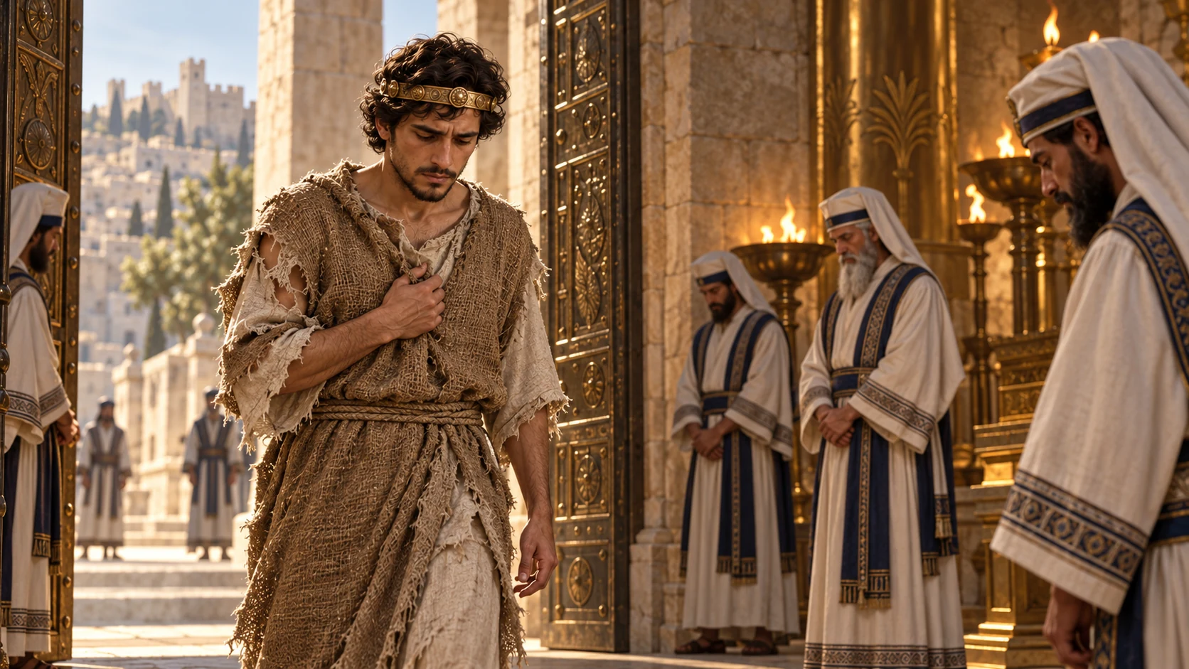 Hezekiah tears his outer robe, wears sackcloth, and enters the Jerusalem temple with a grave, humble bearing.