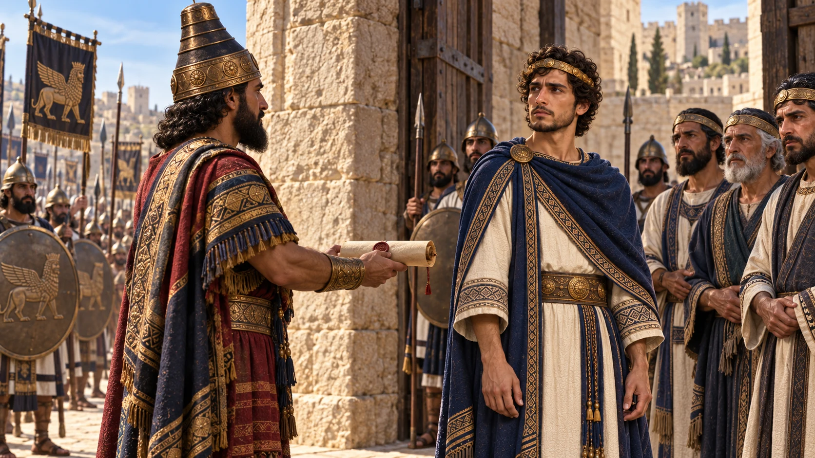A foreign messenger presents the sealed letter; Hezekiah receives it gravely. The coercive claim belongs to the sender.