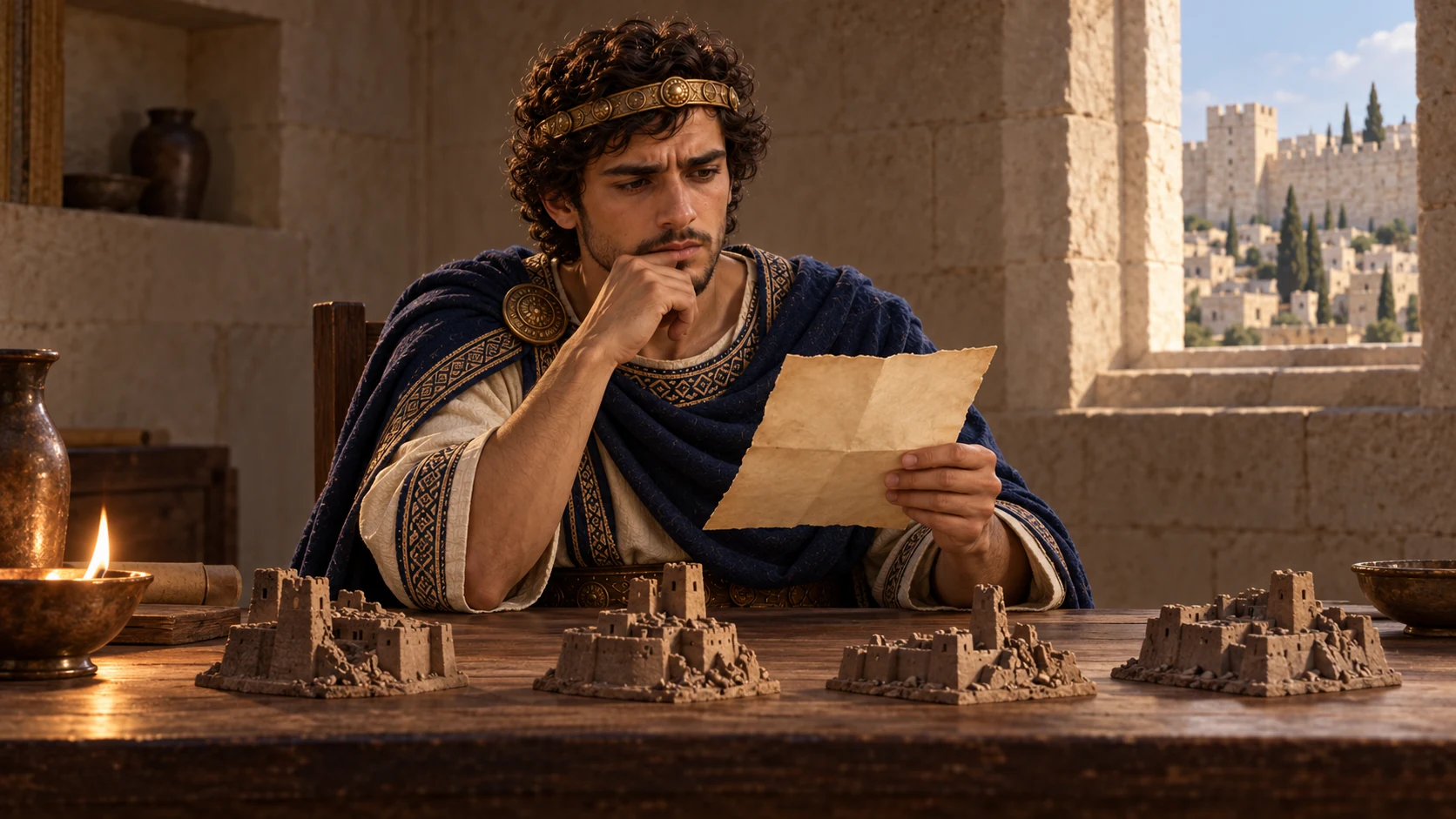 Hezekiah reads the letter; a small map-like collection of burned city tokens on the messenger’s table marks the threat as reported speech.