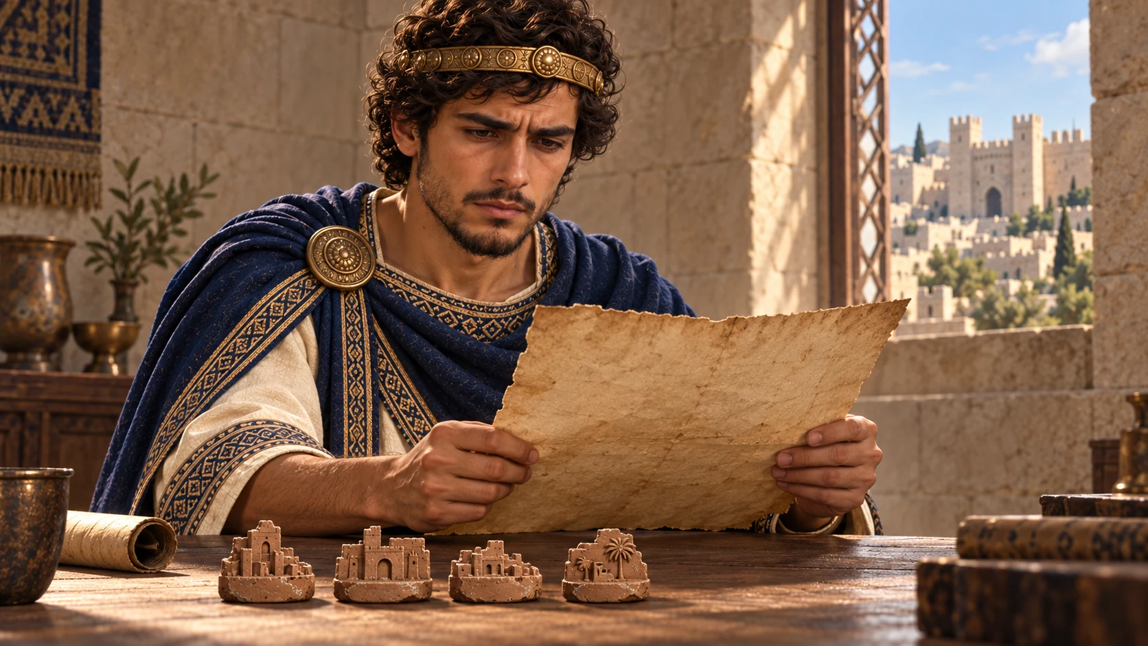 Unlettered captured-city tokens lie near the open letter as Hezekiah studies the enemy’s argument; no divine figures.