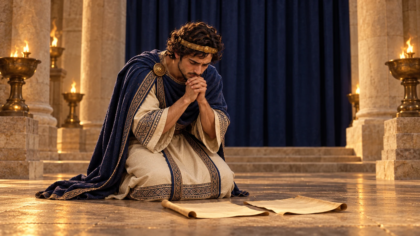 Hezekiah places the opened Assyrian letters before the temple sanctuary in a private act of prayer; no readable text.
