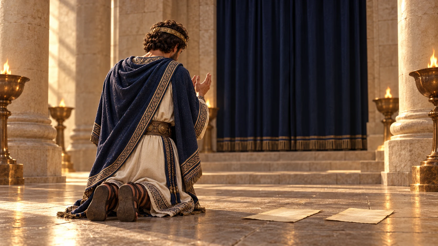 Hezekiah kneels before the temple curtain and cherubim imagery, seen from behind; no anthropomorphic deity.