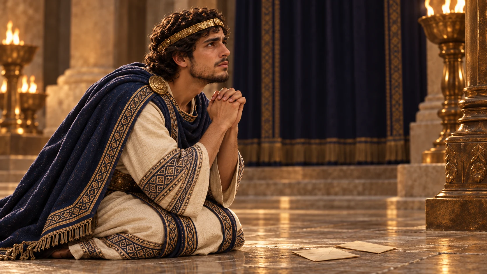 Close view of Hezekiah praying beside the letters, temple lamps and cherubim motif behind him.