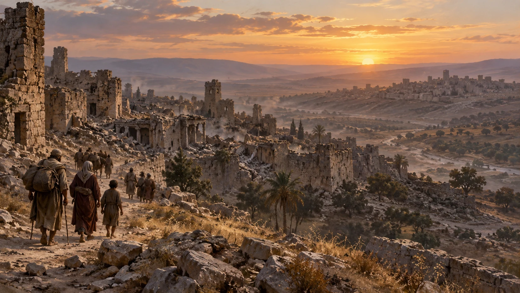 A restrained visual memory of desolated cities beyond Jerusalem, anchored by the king in prayer rather than sensational carnage.