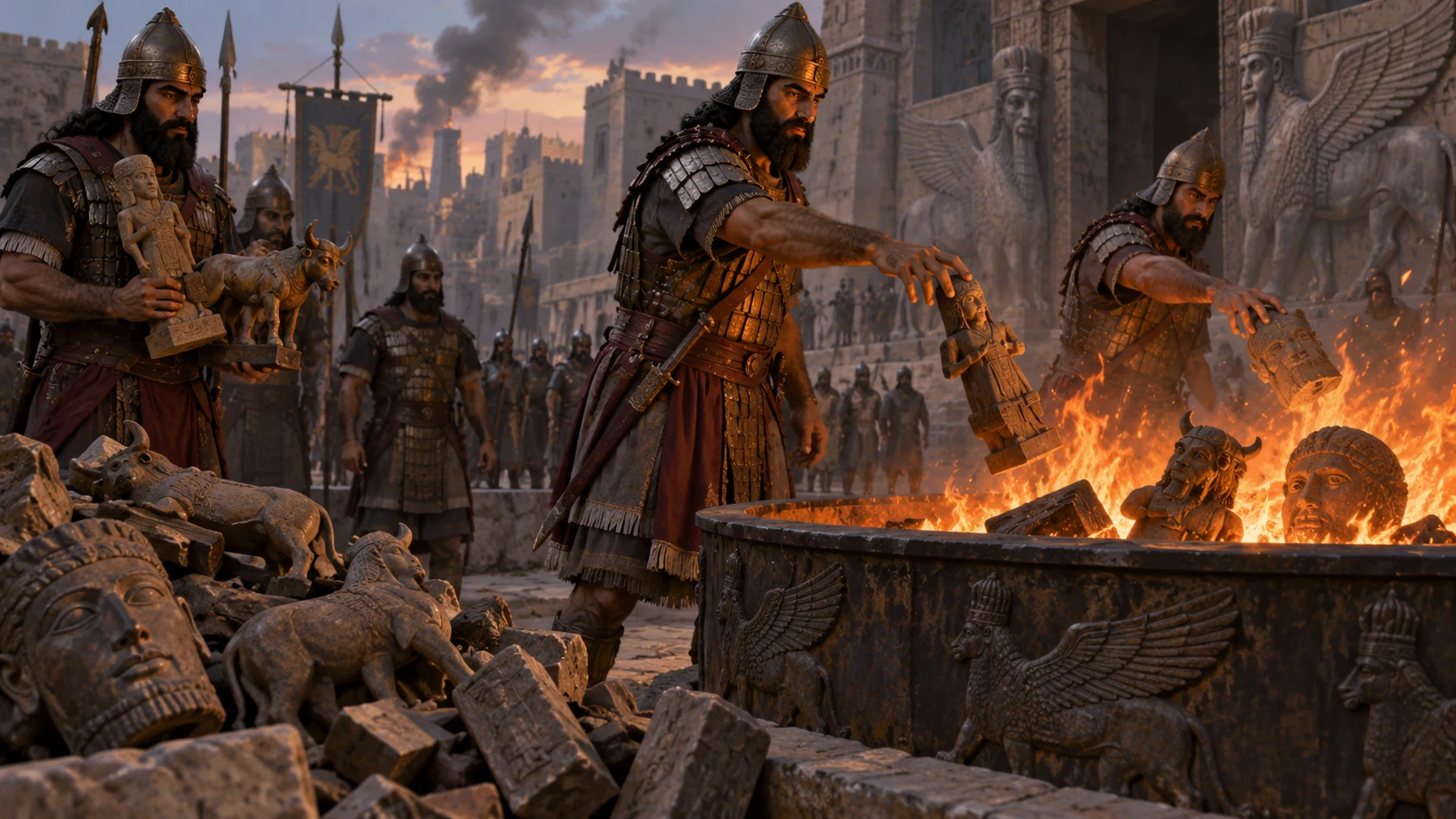 In a remembered foreign conquest, soldiers burn carved wood and stone idols; no living deity or people in flames.
