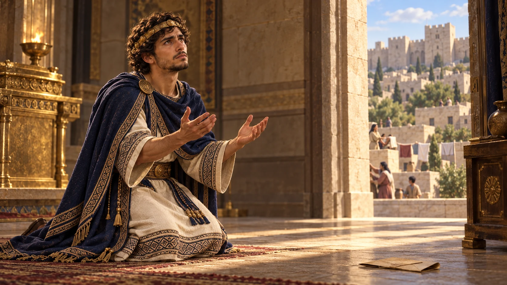 Hezekiah alone at the sanctuary, hands open in prayer, Jerusalem’s roofs visible through the temple doorway.