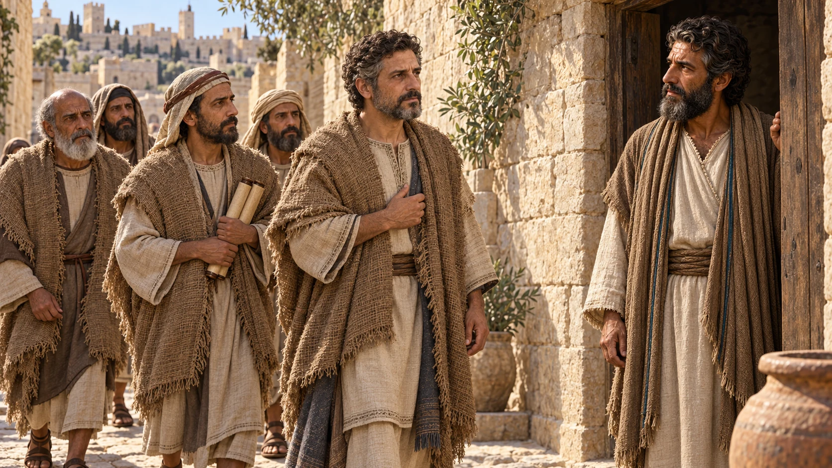 Eliakim, Shebna, and priestly elders in sackcloth approach Isaiah at his modest dwelling; distinguish their roles.