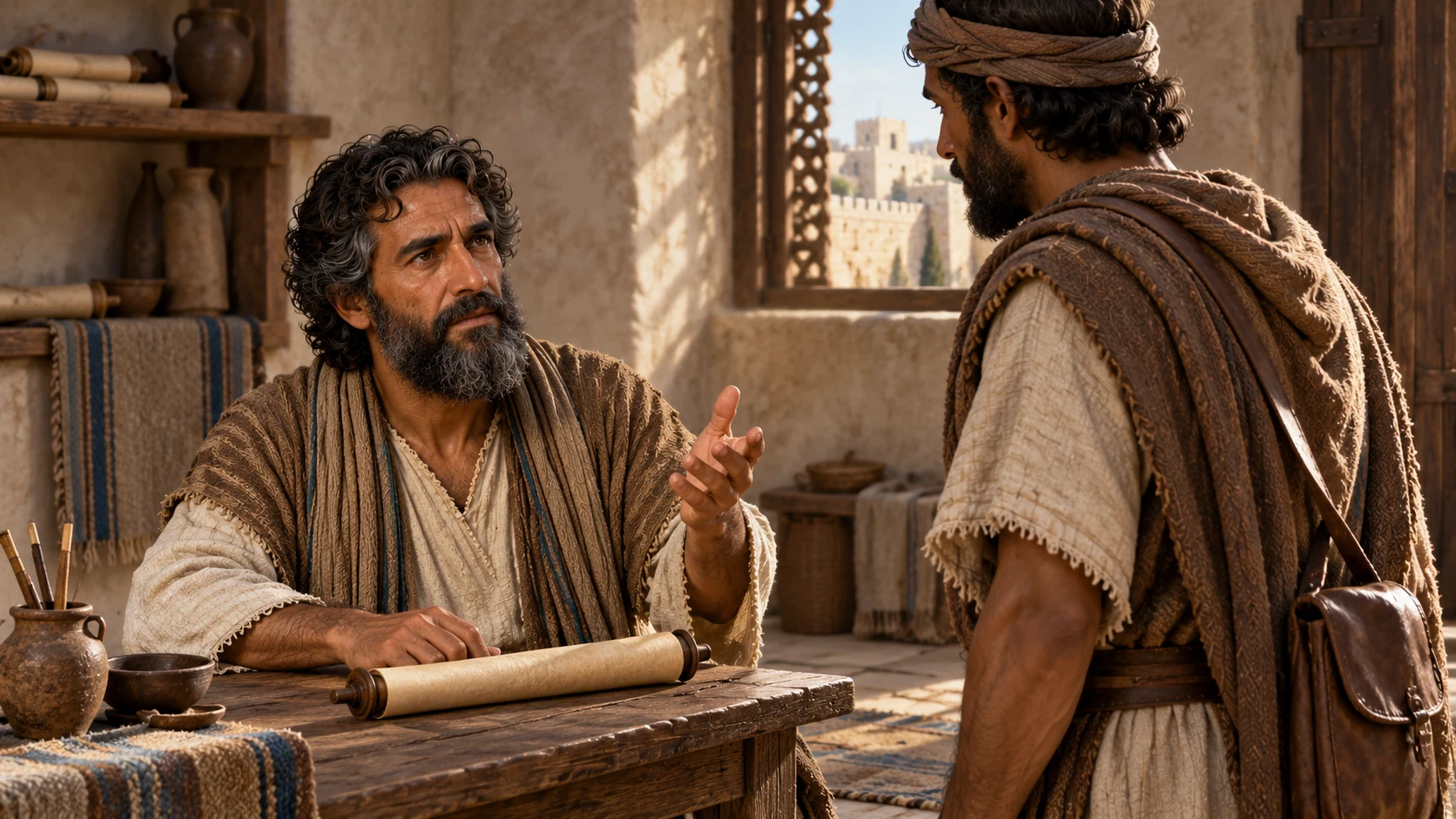 A Judahite messenger brings Isaiah’s response to Hezekiah at the court; Isaiah may be seen at his writing table in a secondary vignette.