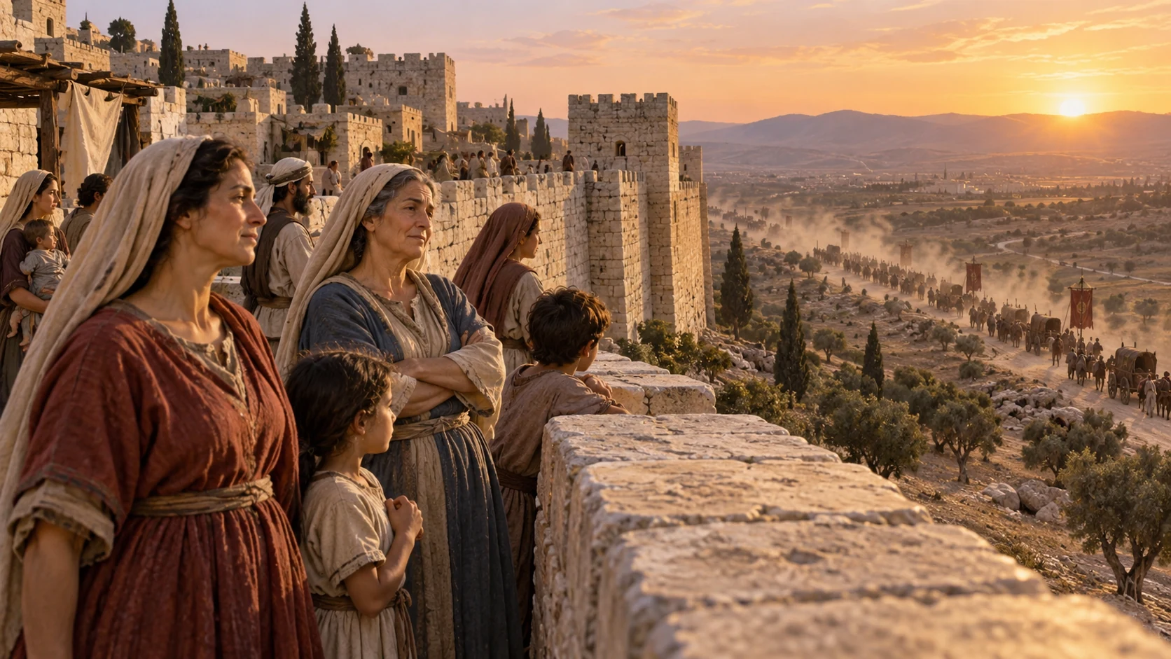 Women and families of Jerusalem stand resilient behind their wall as an Assyrian column recedes; poetic personification, not a literal giant woman.