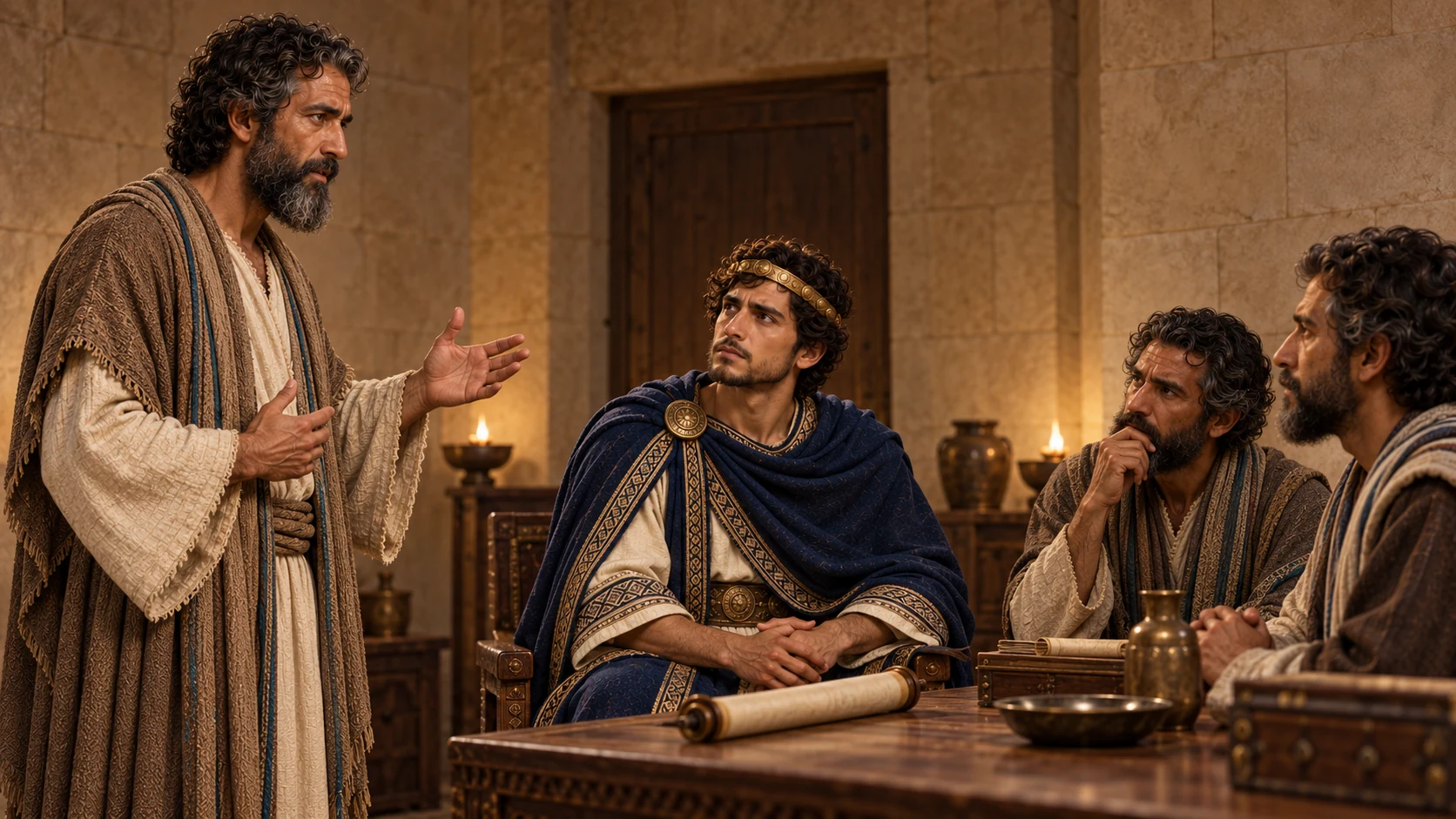 Isaiah speaks the rebuke before Hezekiah and officials; an Assyrian boast is represented by a distant banner outside the city.