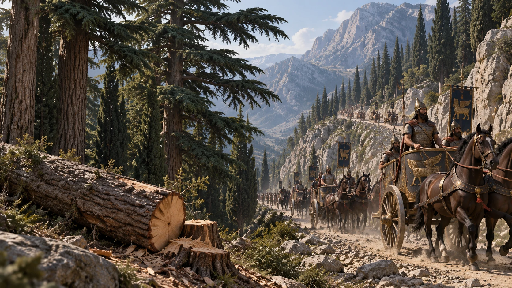 A clearly attributed imagined boast of Assyrian chariots climbing mountain passes amid tall Lebanon cedars.
