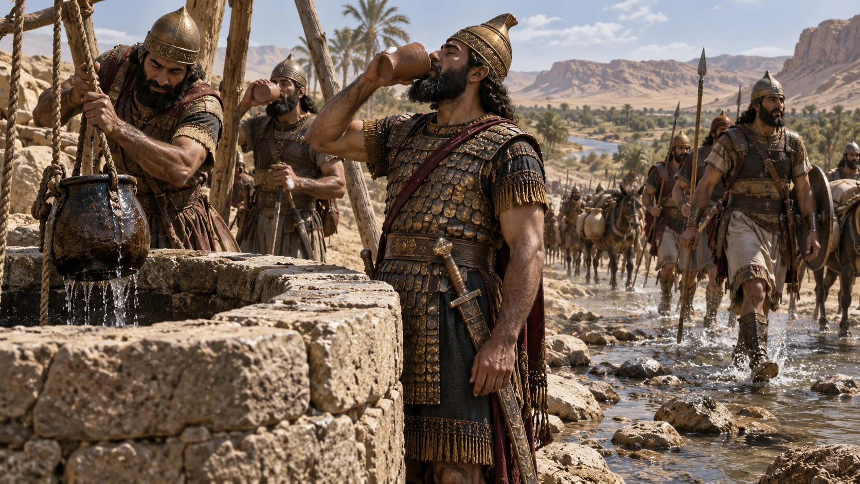 Assyrian troops gather water at a foreign well while the claim of drying rivers remains symbolic, not a literal miracle.