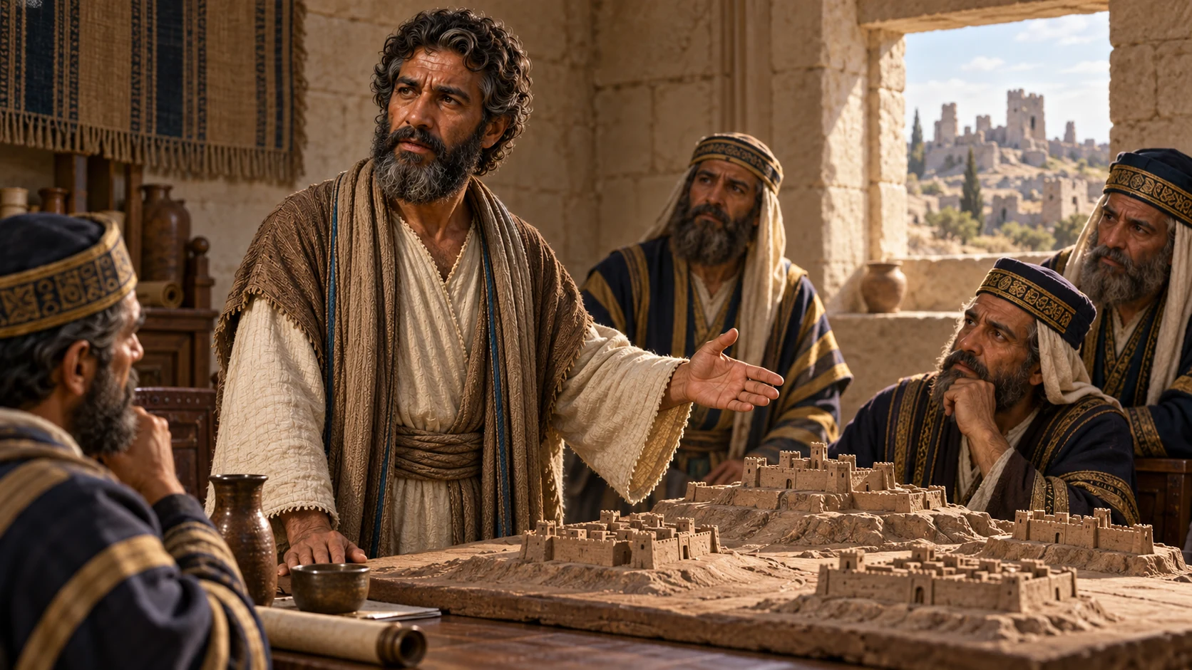 Isaiah gestures across an ancient stone city plan and ruined fortresses, suggesting history and providence without depicting God.