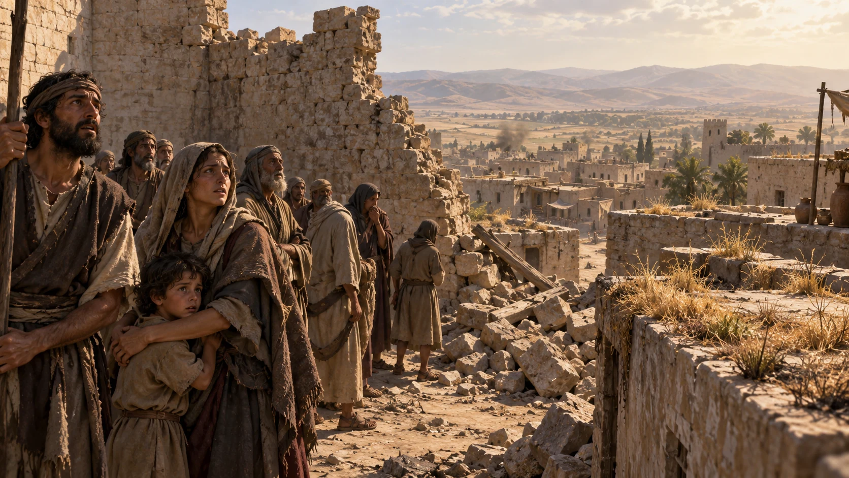 Distant conquered towns and fragile rooftop grass under heat evoke the vulnerability of their people without graphic harm.