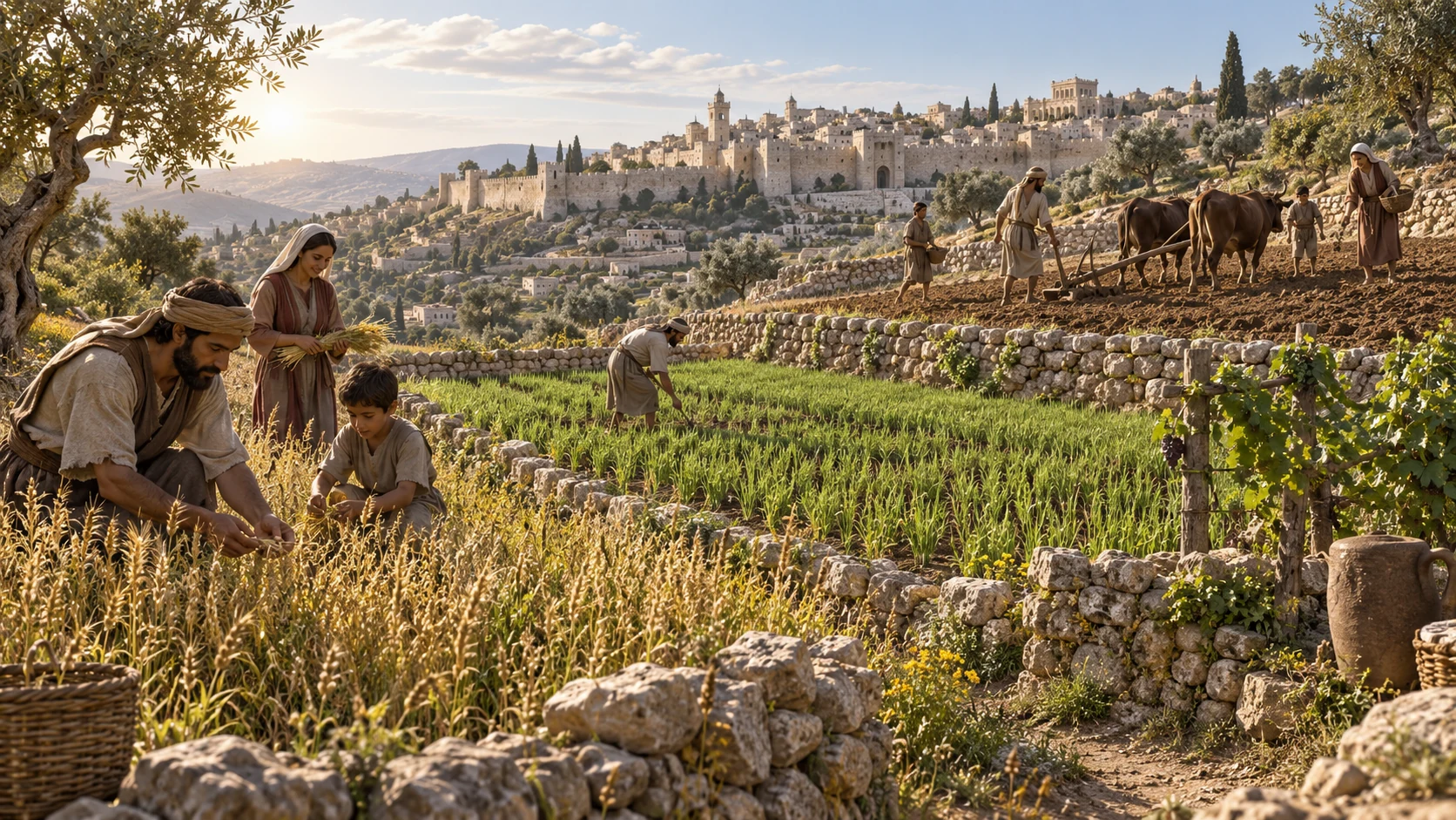 Three adjacent agricultural moments: volunteer grain, regrowth, and future sowing, with Judahite families surviving near Jerusalem.