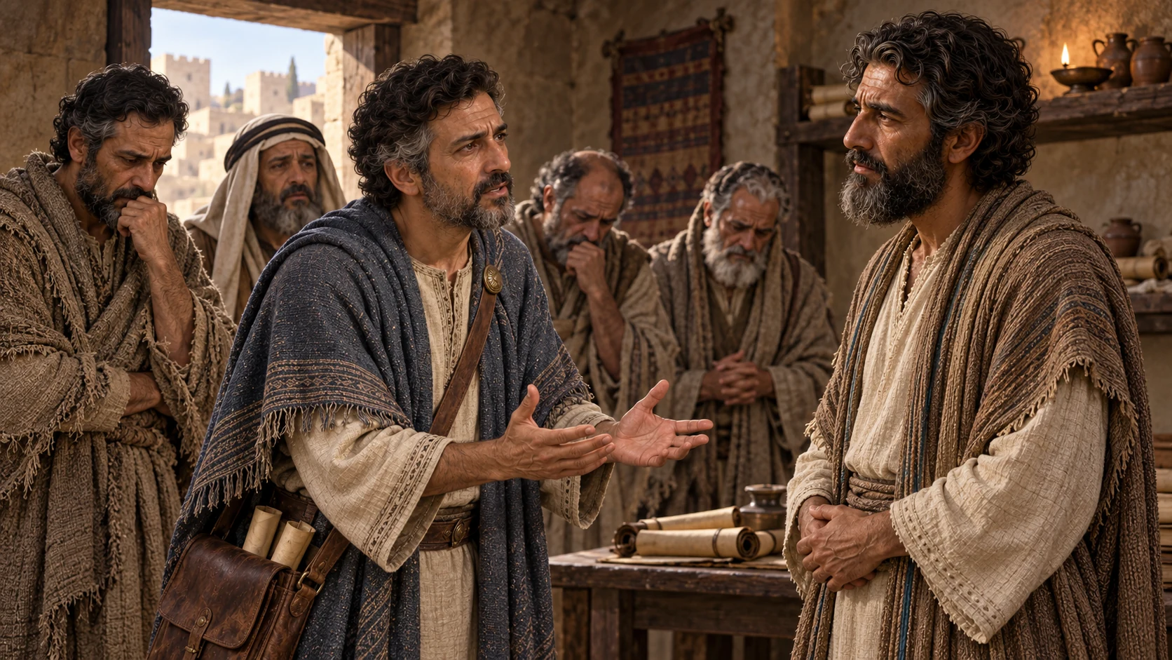 The delegation speaks quietly to Isaiah; show exhaustion and helplessness without depicting childbirth literally.