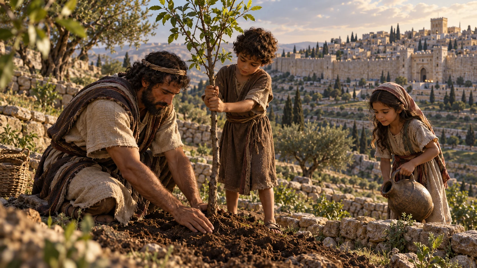 Surviving Judahite family plants a young fruit tree beside restored fields, hopeful but not yet a full harvest.