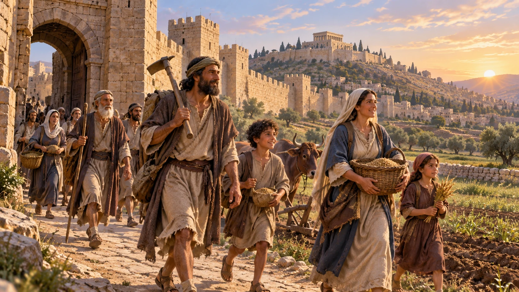 Small groups depart Jerusalem’s gate toward fields, with Mount Zion behind; express renewal rather than exile.
