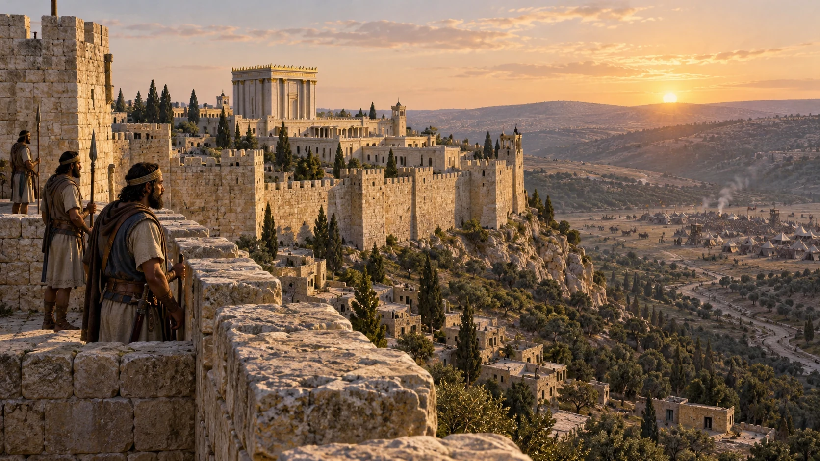Jerusalem wall stands unbreached, no Assyrian arrows, shields, or siege ramp against it; invaders remain distant.