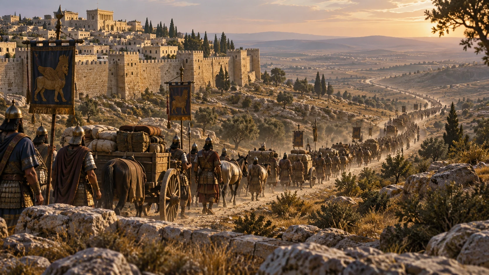 A long Assyrian column retreats along the same road away from an intact Jerusalem.