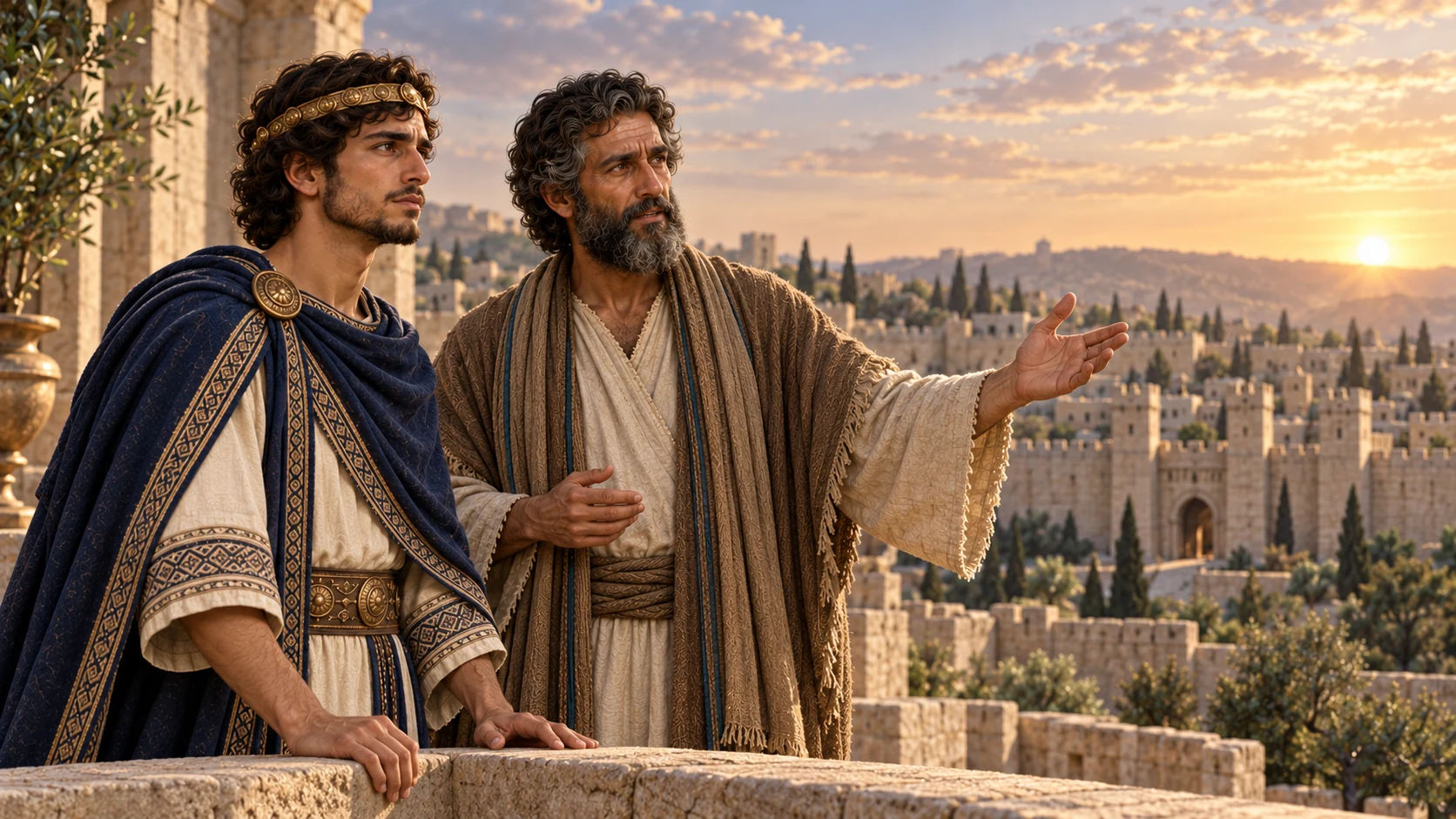 Hezekiah and Isaiah view Jerusalem from a terrace at dawn, calm but not triumphant; no divine body or supernatural shield.