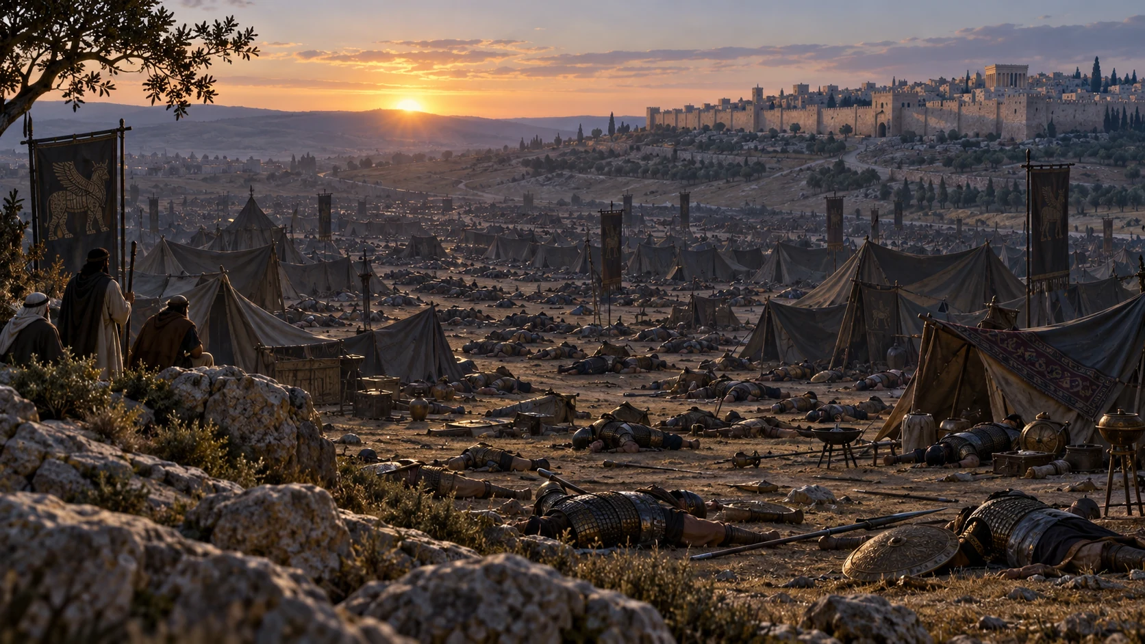 Night over the Assyrian camp, an unseen divine action suggested by sudden stillness and extinguished lamps; dawn reveals rows of lifeless soldiers from a respectful distance, no gore or personified angel.