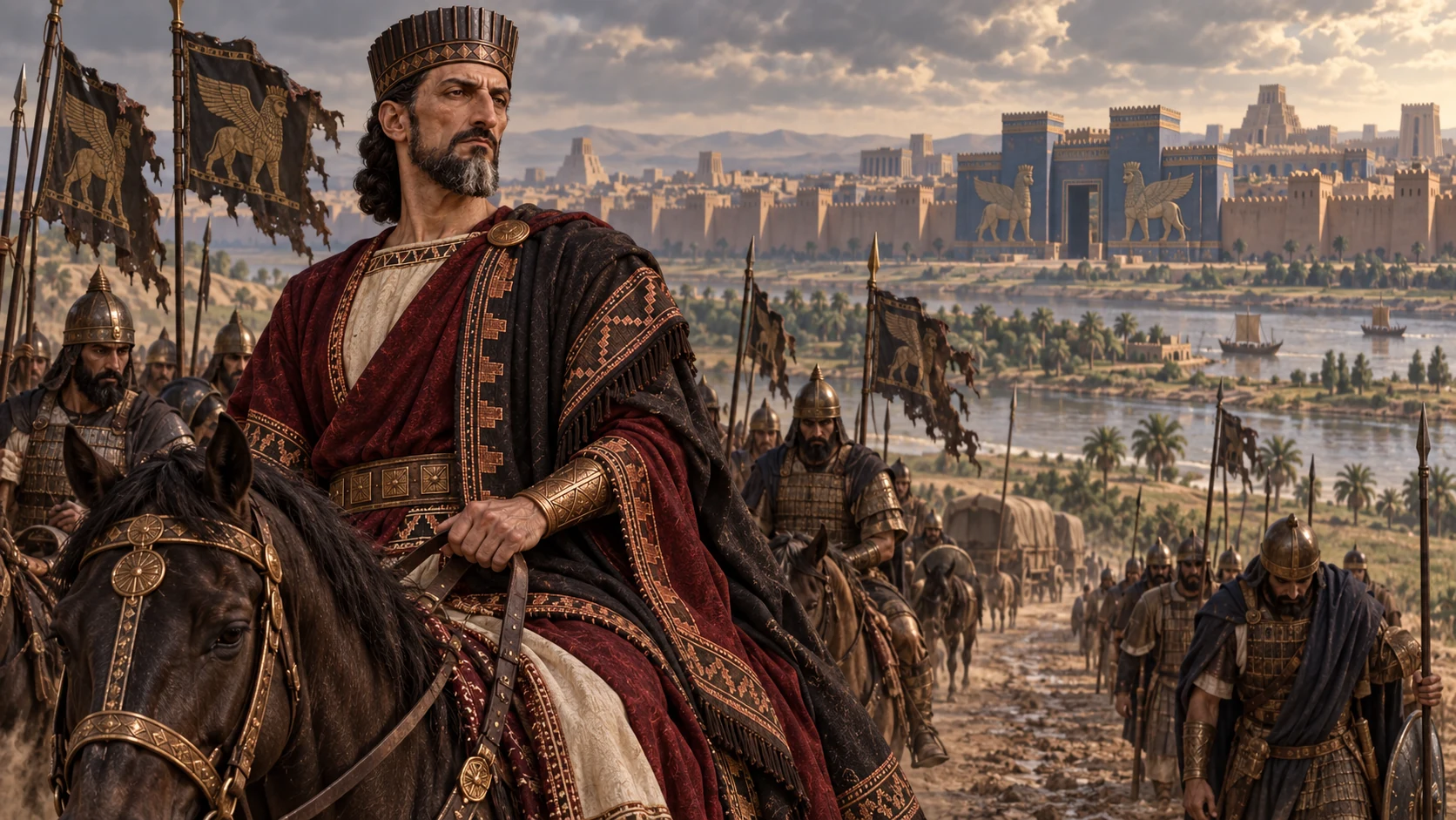 Sennacherib leaves the failed campaign and returns to Nineveh, the great Assyrian city visible beyond the road.