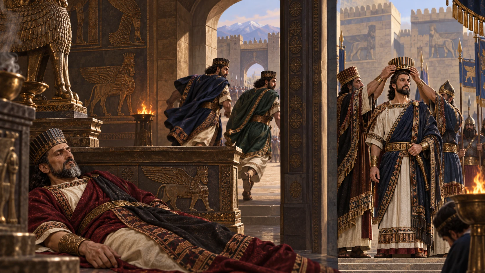 Inside an Assyrian shrine, a restrained non-graphic aftermath: fallen Sennacherib beyond the frame, two sons fleeing through an arch, and Esarhaddon receiving the crown in a separate secondary vignette; no invented divine presence.