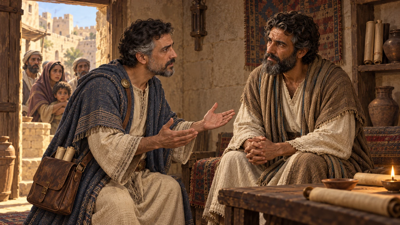 Isaiah hears Eliakim’s appeal while a few anxious Jerusalem households stand behind the envoys.