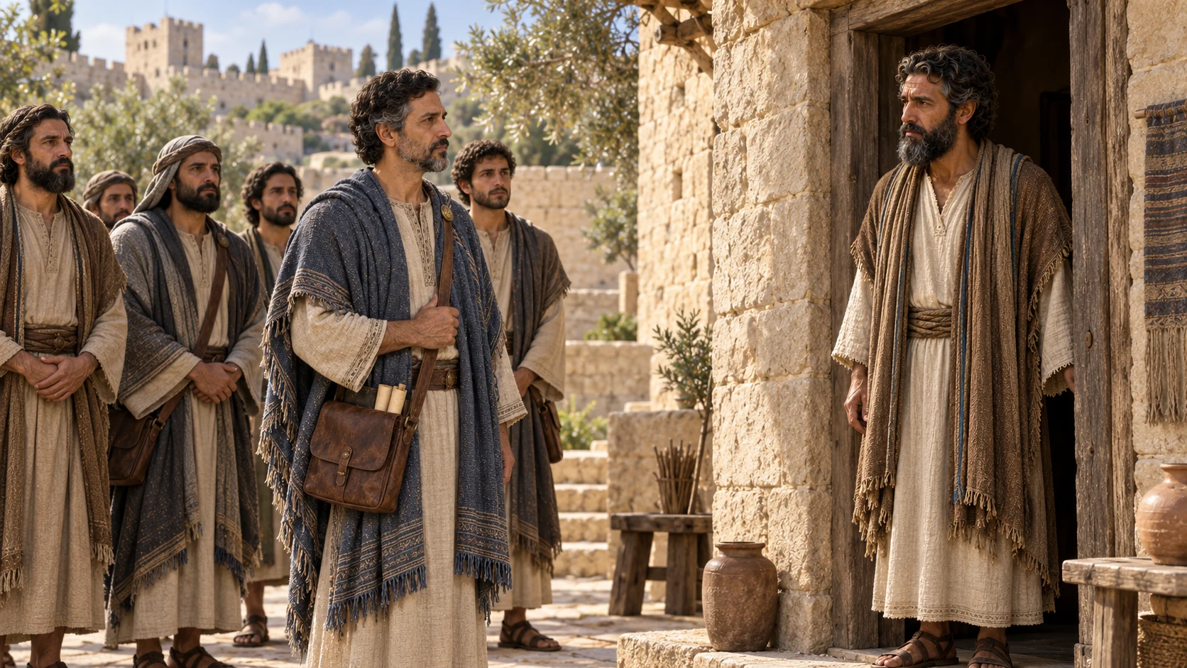 A restrained wide view of the envoys arriving at Isaiah’s threshold, with the prophet receiving them.
