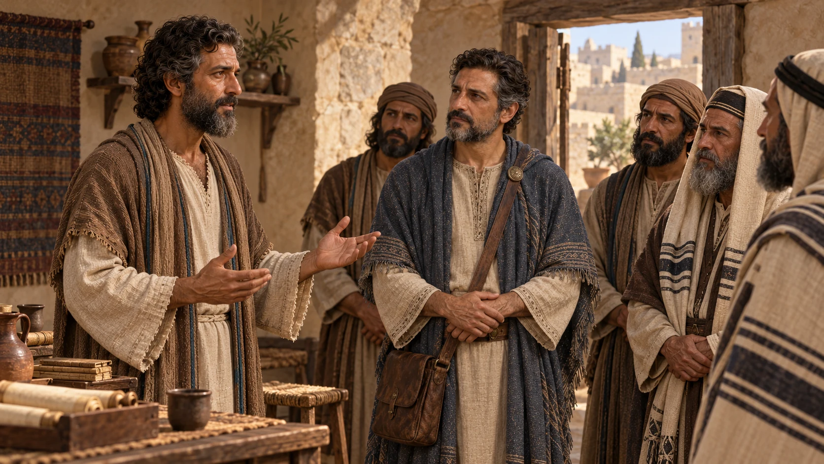 Isaiah, matching his later-era model, speaks steadily to the delegation; no divine personification.