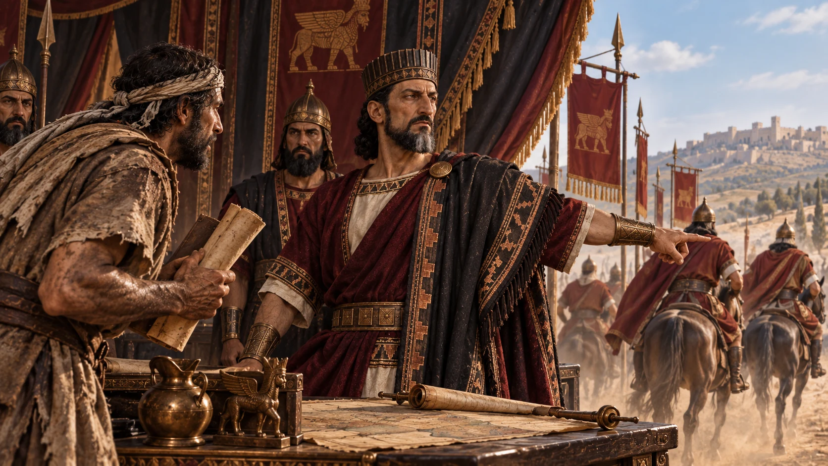 A courier brings news of a Cushite force to Sennacherib; he turns attention to Jerusalem and dispatches messengers.