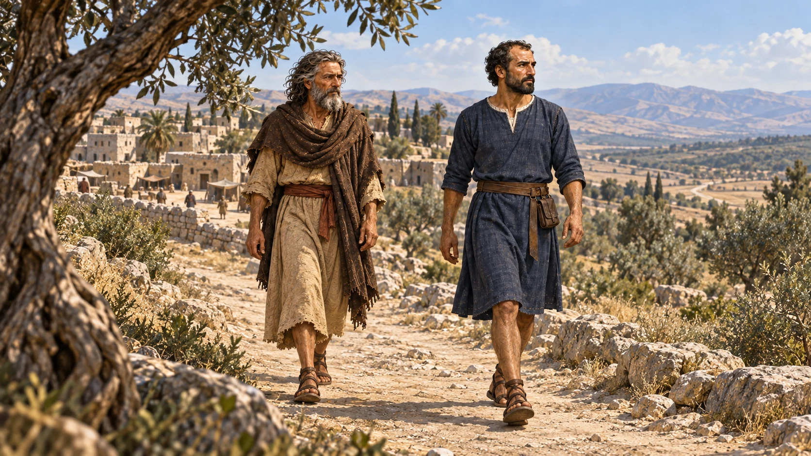 The two men travel from Gilgal on a quiet road; no whirlwind yet.