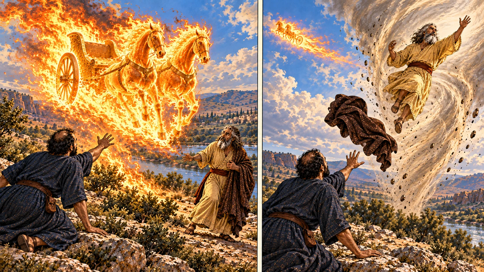 Two ordered frames: empty fiery chariot and horses separate the men, then Elijah ascends in a distinct whirlwind, not riding the chariot.