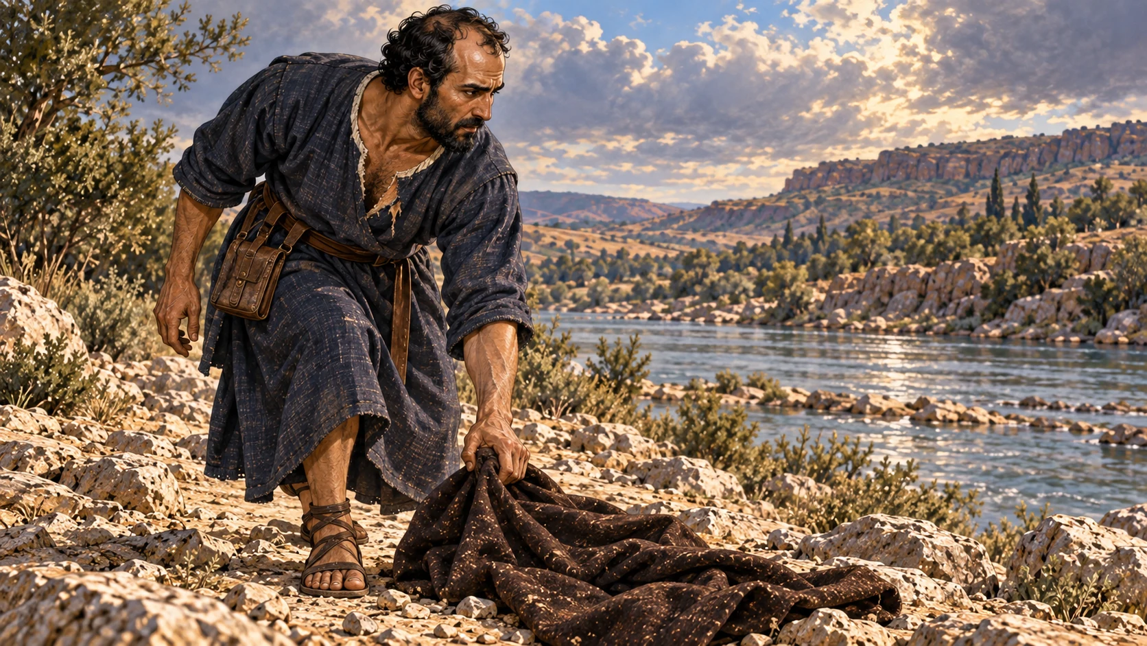A solitary Elisha lifts the fallen cloak near the deserted crossing.