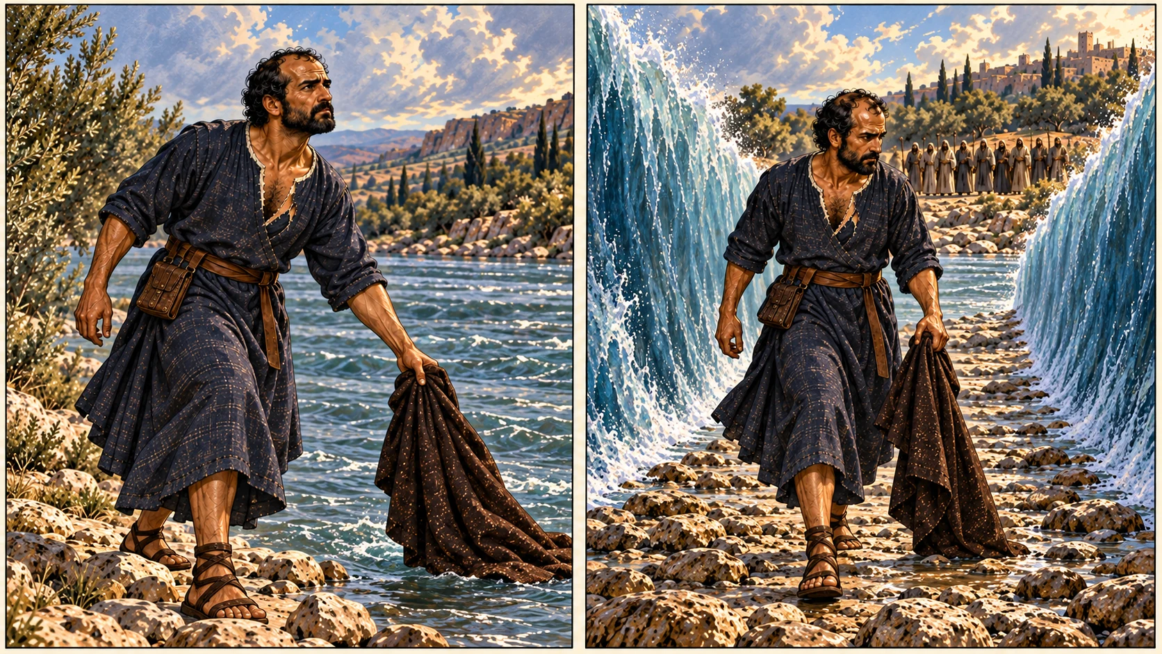 Two ordered frames: Elisha raises Elijah's cloak at the unparted Jordan, then crosses the opened path.