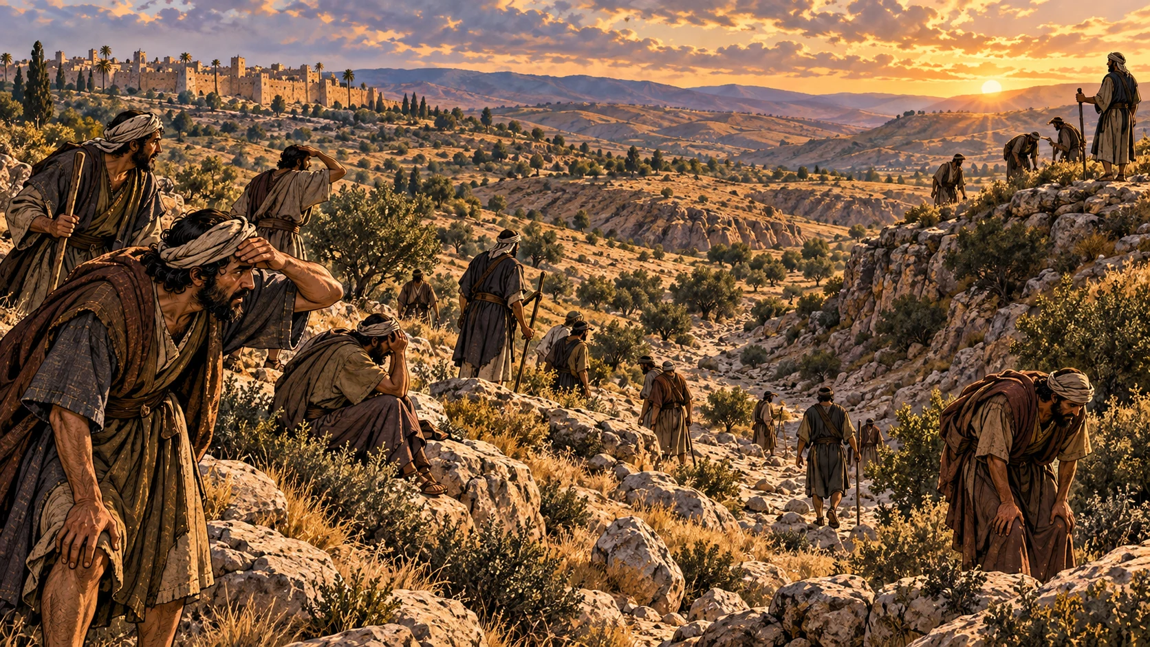 Searchers disperse through rugged terrain; show passage of time without inventing Elijah's location.