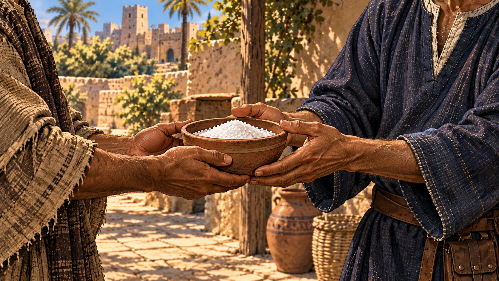 Hands bring a new bowl containing salt to Elisha.