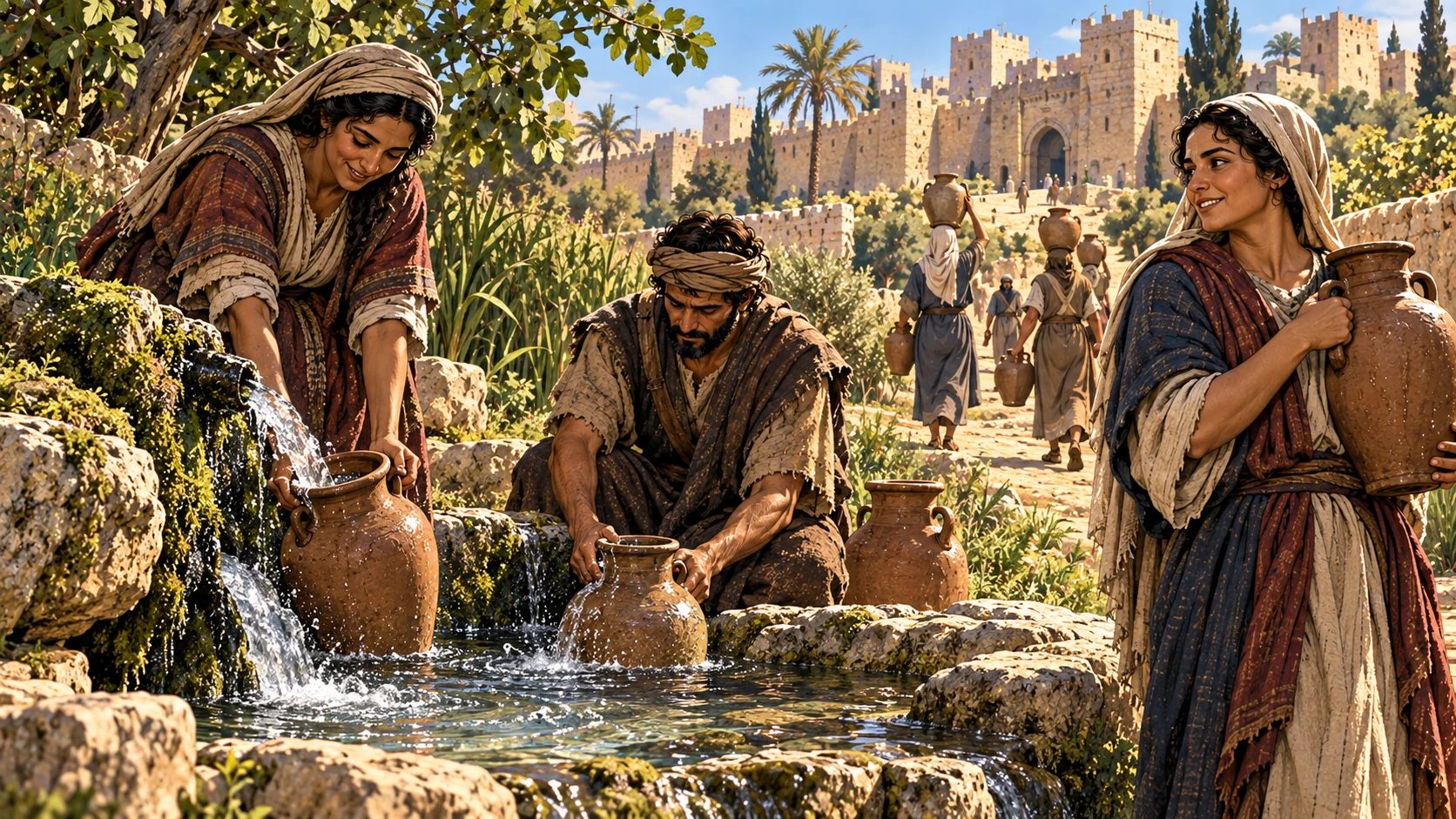 Residents draw clear water at the spring, emphasizing the resulting change.