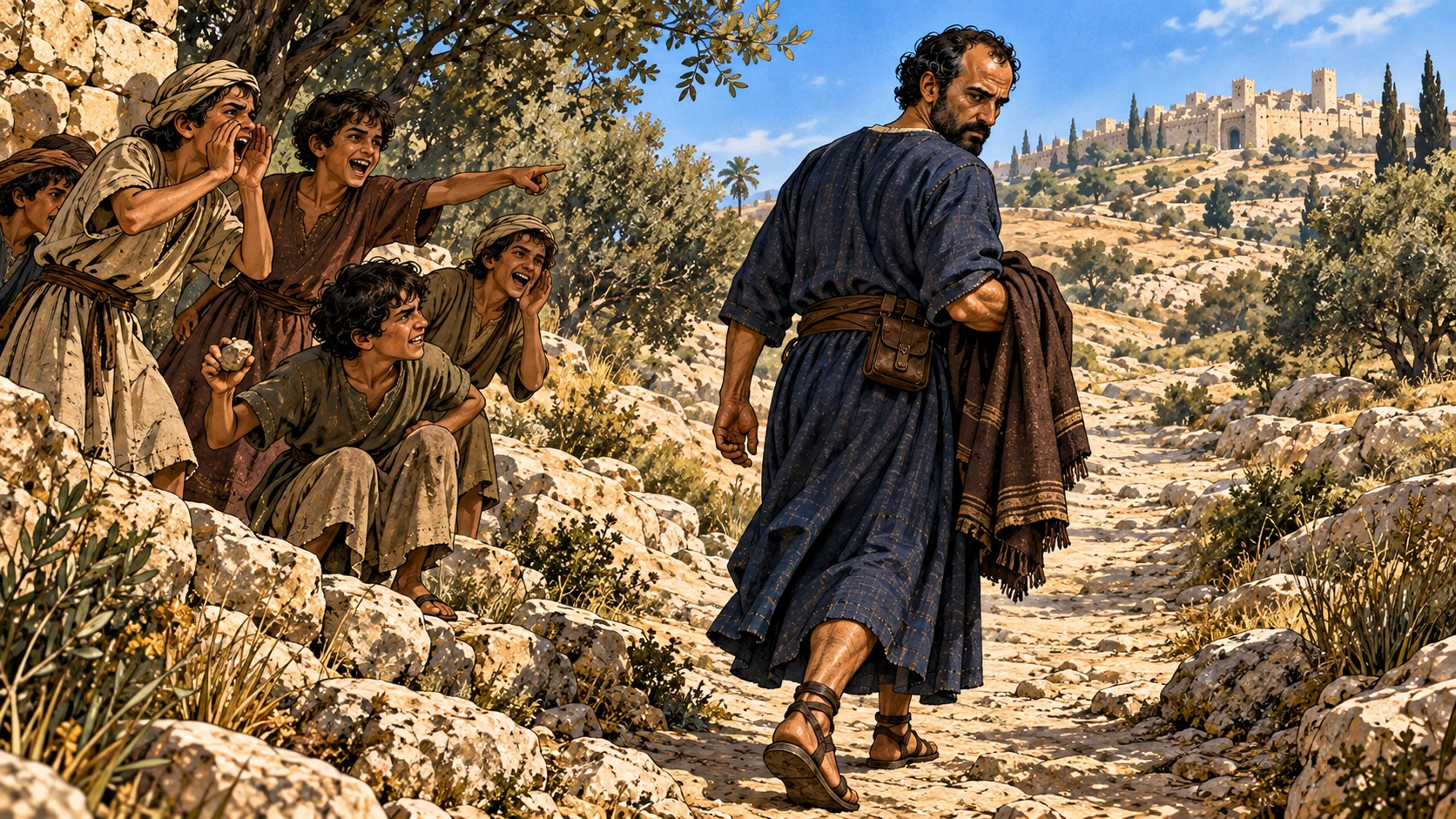 A group of youths shout from the roadside as Elisha travels; no bears yet.
